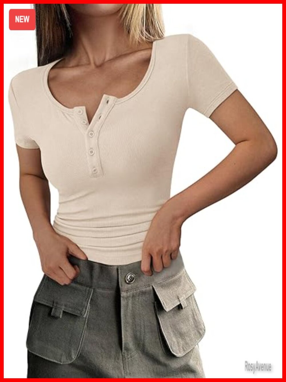 Ribbed Henley Button Slim Fit Short Sleeve T-Shirt Blouse